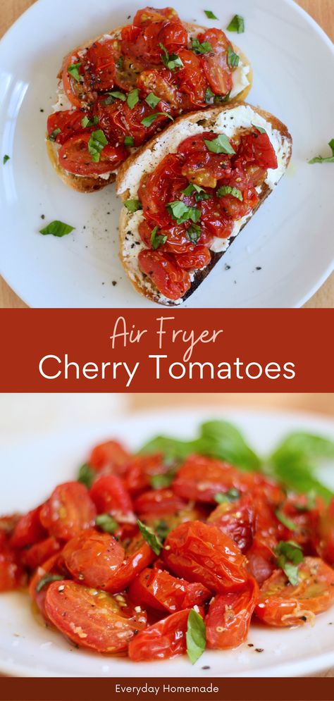 Discover a quick and easy side dish with these Air Fryer Cherry Tomatoes! This recipe brings out the natural sweetness of fresh garden tomatoes, roasted to perfection in the air fryer. Ideal as a healthy appetizer or summer side dish, garnished with fragrant basil for extra flavor. Air Fryer Cherry Tomatoes, Roasted Cherry Tomatoes Air Fryer, Air Fryer Roasted Tomatoes, Tomatoes In Air Fryer, Air Fryer Tomatoes, Tomatoes Roasted, Roasted Vegetable Pasta, Cherry Tomato Recipes, Fried Tomatoes