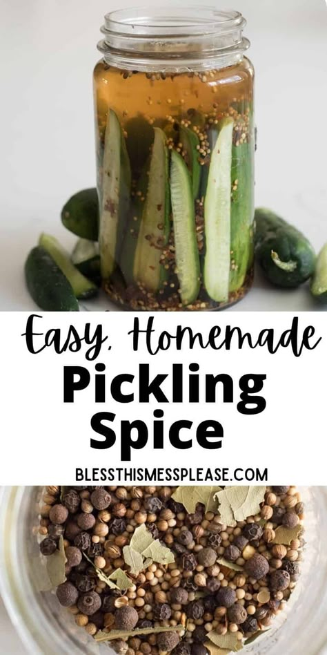 A simple homemade pickling spice recipe made from a mix of herbs and seasoning to make refrigerator pickles, overnight pickles, canned pickles and more! #homemadepicklingspice #easypicklingspicerecipe #easypicklingspice #pickles #overnightpickles #homemadepickles #picklingspicerecipe Easy Pickling Spice Recipe, Overnight Pickles, Pickling Spice Recipe, Homemade Pickling Spice, Creative Canning, Pickled Recipes, Pickling Spices, Quick Pickle Recipe, Pickle Seasoning