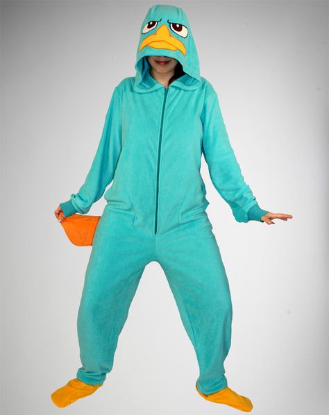 Aren't I a little old for footed pajamas?... NO....NO IM NOT! Phineas and Ferb 'Perry' Hooded Footed Adult Pajamas Jake And Finn, Finn And Jake, Party Lighting, The Spencer, Lava Lamps, Beer Pong, Party Stuff, Custom Tees, Gag Gifts