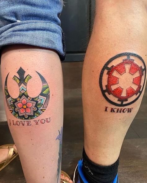 Emily Kleier Gehring on Instagram: "Newest ink! Jason and I got Star Wars tattoos tonight and we’re so damn happy with them. If you’re not familiar, Princess Leia tells Han Solo “I love you” and he says “I know” ❤️ Huge shoutout to @skotydont for his amazing skills. These turned out better than we could’ve hoped for! #ink #tattoo #starwarsnerd #starwars #newink #tattoolove #hansolo #rebelalliance #rebelalliancetattoo #princessleia #cbusink @sacredhandtattoo" Matching Tattoo Ideas For Couples, Tattoo Ideas For Couples, Matching Tattoo Ideas, Winter Tattoo, Him And Her Tattoos, Tattoo Lounge, Couple Tattoos Unique Meaningful, Couple Tattoos Love, Star Wars Couples