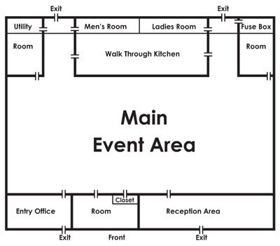 Banquet Hall Floor Plan, Banquet Hall Plan, Walk Through Kitchen, Hall Flooring, Mens Room, Ladies Room, Closet Office, Banquet Hall, Meeting Room