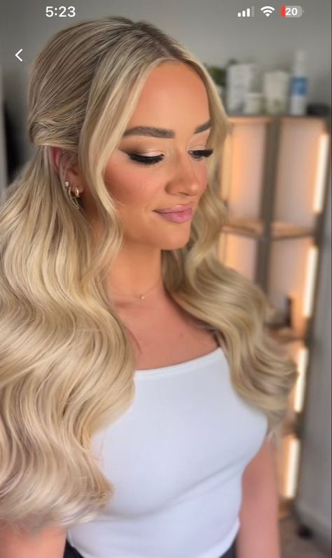 Wedding Blonde Hair Down, Wedding Hairstyles For Extensions, Hair Down And Curled Wedding, Front Of Half Up Half Down Hair, Hollywood Curls Tucked Behind Ear, Soft Glam Blonde Hair, Classic Half Up Half Down Wedding Hair, Bride Hair With Strapless Dress, Blonde Bridesmaid Hair Half Up