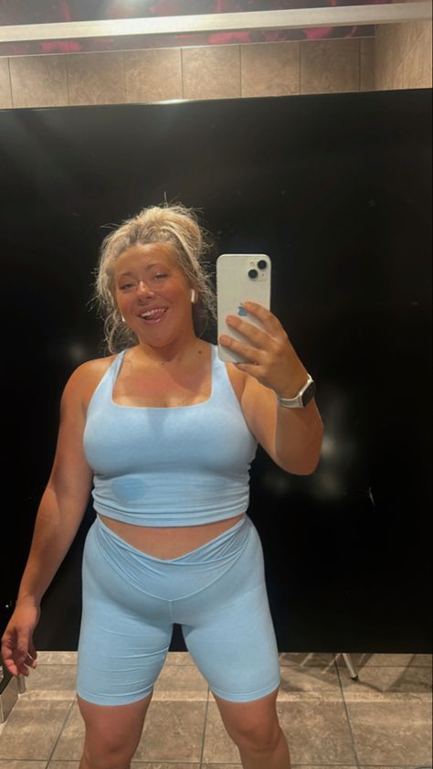 baby blue sports bra with criss cross open back, apple watch, fitness journey outfit, baby blue biker shorts, old navy activewear, apple air pods, blonde hair, messy bun, workout set, green eyes, smiling Bun Workout, Blonde Hair Messy Bun, Journey Outfit, Blue Biker Shorts, Matching Workout Set, Hair Messy Bun, Apple Watch Fitness, Blue Sports Bra, Hair Messy