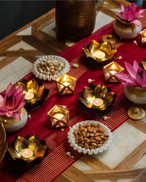 Diwali Buffet Table Decor, Indian Dinner Table Setting, Diwali Dining Table Decor, Diwali Table Setting, Diwali Tablescape, Diwali Table Decor, Pooja Setup, Indian Floral Decor, Diwali Dinner