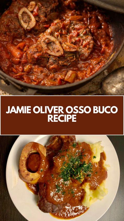 Jamie Oliver Ossobuco is made with veal shanks, onions, carrots, garlic, celery, rosemary, white wine, tomato purée, chicken stock, and gremolata (parsley, garlic, lemon zest). This traditional Italian Ossobuco recipe creates a hearty dinner that takes about 2.5 hours to prepare and can serve up to 4 people. Food And Wine Magazine Recipes, Osso Bucco Recipe Dutch Oven, Osobuco Recipe, Osso Bucco Recipe Slow Cooker, Veal Osso Bucco Recipe, Ossobuco Recipe, Pork Osso Bucco Recipe, Veal Osso Bucco, Veal Marsala