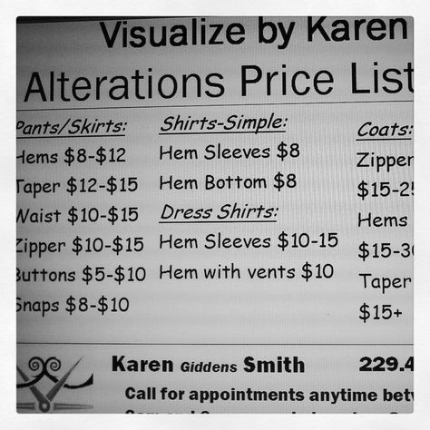 Visualize by Karen's Alteration Price List. Alterations Price List, Alterations Business, Diy Alterations, Alteration Shop, Cost Sheet, Booth Setup, Clothing Alterations, Bridal Alterations, Sewing Shop