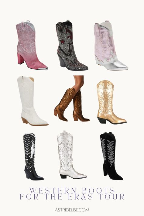 Western Boot inspo for what to wear to Taylor Swift's Eras Tour. See more on the Blog! #taylorswift #erastour #concert #outfit #westernboots #shoes Eras Tour Outfit Ideas Cowboy Boots, Shoes For Taylor Swift Concert, Taylor Swift Concert Shoes, Eras Tour Boots, Eras Tour Shoes, Concert Shoes, Taylor Sift, Glittery Boots, Taylor Swfit