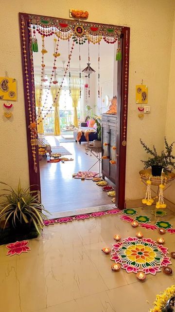 Diwali Decoration Lights, Diwali Home Decor, Ganesh Chaturthi Decoration, Colorful Room Decor, Indian Room Decor, Gate Decoration, Diy Floral Decor, Diwali Decoration Items, Diwali Decorations At Home