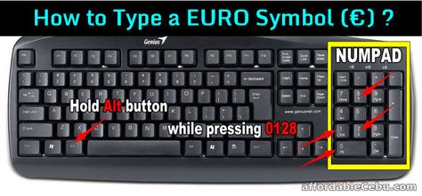 Most people doesn't know how to type the EURO (€) symbol in the computer. It's because most keyboards sold in the market don't have a EURO (€) symbol button in them. Only the dollar sign ($) is visible im most computer keyboards. The other reason is most  european countries are usually using the EURO symbol (€). If you do not know how to type or make the EURO (€) symbol, here are some options to do it.  Read more: http://www.affordablecebu.com/how-to-type-euro-symbol-in-computer Computer Tricks, The Number 4, Dollar Sign, Hacking Computer, Number 4, European Countries, Computer Keyboard, Keyboard, Laptop