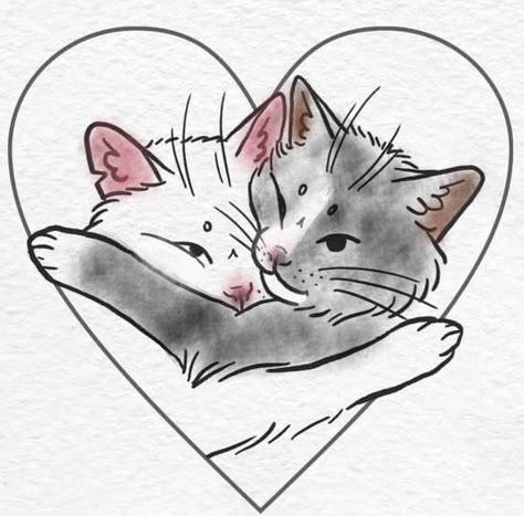 I Love You Sketches, Cats In Love Doodle, Cats Cuddling Drawing Reference, 3 Cats Together Drawing, Couple Cat Drawing, Cat Couple Doodle, Cute Drawings Couples, 2 Cats Drawing, Cats Hugging Drawing