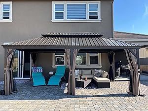 Metal Gazebo, Permanent Gazebo, Aluminum Gazebo, Colorful Patio, Hardtop Gazebo, Gazebo Pergola, Roof Colors, Canopy Design, Patio Lounge Chairs