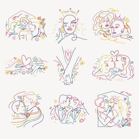 Pride Line Art, Queer Line Art, Subtle Queer Art, Pride Design Graphic, Pride Doodles, People Line Art, Queer Stickers, Rainbow Line Art, Pride Drawings