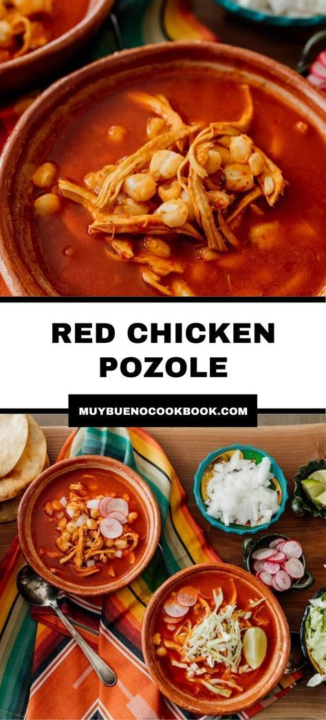 This red chicken pozole is a comforting meal that's so easy to make. Filled with spicy chiles, white hominy, and topped with tons of crunchy veggies, this traditional Mexican soup is fancy enough for company and easy enough to serve on a casual weeknight. Red chicken pozole is great to make for lunch or dinner at any time of the year. Try this simple pozole recipe today! Pasole Recipe Chicken Red, How To Make Chicken Pozole, Chicken Poloze Soup, Instant Pot Posole Chicken, Chicken Red Pozole Recipe, Red Chicken Posole Recipes, Mexican Chicken Pozole, Crock Pot Pozole Chicken, Chicken Pozole Recipe Easy