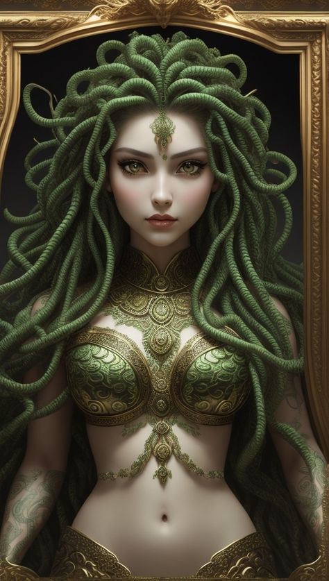 Medusa, full body, the hair is composed of numerous small snakes, green eyes, female face, metal carved top, royal aura. Medusa Full Body, Medusa Pictures, Medusa Artwork, Slavic Goddess, Mythical Creature Art, Greek Goddess Art, Medusa Gorgon, Medusa Art, Snake Hair