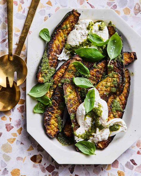 Thomas Keller's Zucchini With Burrata And Pesto   - What's Gaby Cooking Thomas Keller Zucchini, Whats Gaby Cooking, Thomas Keller, How To Make Pesto, Grilled Zucchini, Homemade Pesto, Vegetable Sides, Veggie Sides, Brussels Sprouts