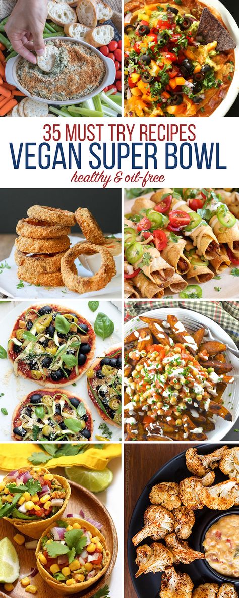 35 mouthwatering, flavor packed and guilt-free recipes that would be perfect for you to bring to a party and impress a crowd. #vegan #oilfree #healthy #superbowl Vegan Super Bowl Recipes, Vegetarian Super Bowl, Vegan Superbowl Food, Healthy Superbowl Appetizers, Vegan Super Bowl, Super Bowl Food Easy, Super Bowl Food Healthy, Super Bowl Recipes, Healthy Oil