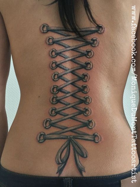 Corset Tattoos For Women, Corset Back Tattoo, Back Corset Tattoo, Corset Tattoo, Lace Bow Tattoos, Bow Tattoos, Bow Tattoo Designs, Ribbon Tattoos, Fire Tattoo