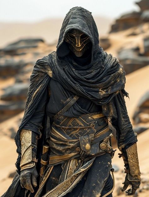 Desert Armor Concept, Hooded Man Art, Masks Concept Art, Desert Fantasy Clothing, Hooded Armor, Desert Assassin, Desert Character Design, Desert Knight, Man Wearing Mask