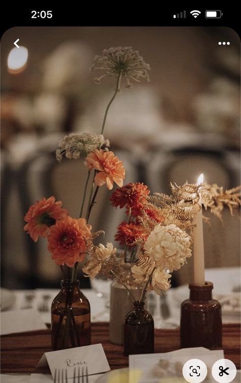 Less Flowers Wedding Decor, Multi Colored Candles Wedding, Autumnal Wedding Flowers Table, Indoor Fall Wedding Decorations, Fall Pergola Decorations Wedding, Minimal Fall Wedding Centerpieces, Desert Sunset Wedding Theme, Wedding Centerpieces Dried Flowers, Moody Fall Wedding Table Decor