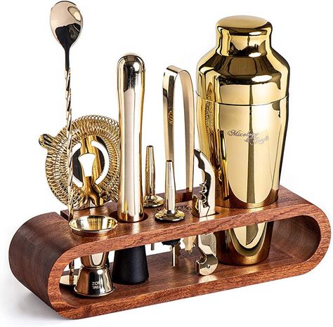 Mixology Cocktail Shaker Set - 10-Piece Cocktail Making Set - Home Bartender Kit in Mahogany Stand with Spoon, Boston Shaker, Other Tools for Drink Mixing, Martini, Mocktail - Gift Set (Gold) : Amazon.co.uk: Home & Kitchen Impressive Cocktails, Cocktail Bar Set, Bartender Set, Bartending Kit, Home Bar Essentials, Bartender Kit, Cocktail Tools, Martini Shaker, Rose Gold Bar