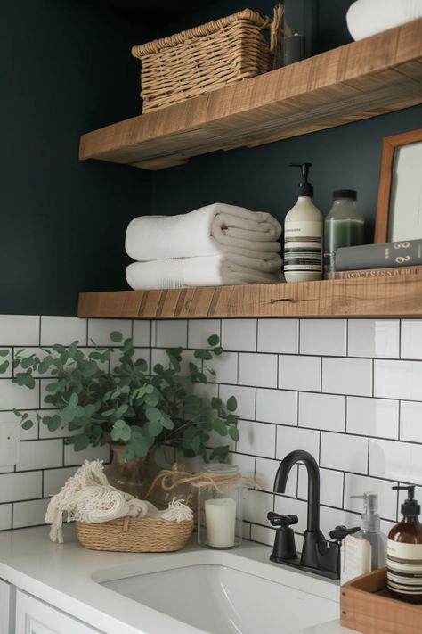 17 Creative Small Bathroom Shelf Ideas That Look Gorgeous Small Shower Shelf Ideas, Bathroom Small Shelves, Over Toilet Shelf Ideas, How To Decorate Bathroom Shelves, Open Bathroom Shelving, Small Bathroom Shelf Ideas, Bathroom Over The Toilet Storage, Small Bathroom Shelf, Over The Toilet Storage Ideas