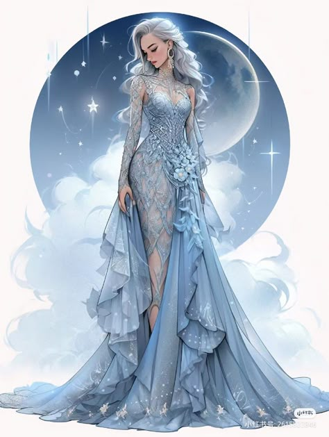 Blue Dress Fantasy Art, Hair Artstyle, Moon Themed Outfits, Fantasy Gowns Warriors, Princess Aesthetic Dresses, Blue Fantasy Dress, Fantasy Ballgown, Princess Dress Drawing, Moon Dresses