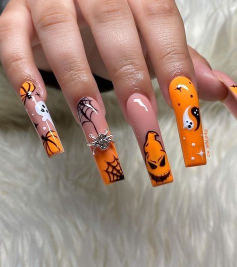 #follow #nailart #nails #nailsofinstagram #longnails #acrylicnails #halloween #beautyblog #blogging #blogger #blog Black Halloween Nails, Horror Nails, Nail Art Halloween, Holloween Nails, Halloween Acrylic Nails, Cute Halloween Nails, Dope Nail Designs, Long Acrylic Nails Coffin, Halloween Nail Designs