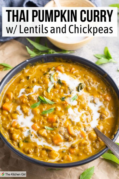 Pumpkin curry in black bowl with spoon. Title: Thai Pumpkin Curry w/ Lentils and Chickpeas. Vegan Curries, Creamy Chickpea Curry, Curry Lentil Soup, Pumpkin Curry Soup Recipe, Easy Pumpkin Curry, Indian Pumpkin Recipes, Pumpkin Thai Curry, Coconut Milk Chickpea Curry, Pumpkin Lentil Curry