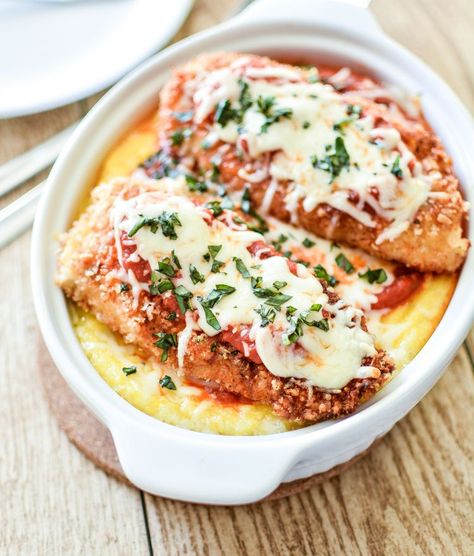 Baked Polenta with Classic Chicken Parmesanwomansday Polenta Dinner Recipes, Polenta Dinner, Baked Polenta, How To Cook Polenta, Polenta Recipes, Weeknight Dinner Recipe, Chicken Parmesan, Grits, Breakfast Casserole