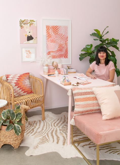 Styling a Blush and Coral Office / via Oh Joy! Addi Core, Coral Office, Pink Home Office, Pink Gallery Wall, Bedroom Office Space, Coral Room, Pink Office Chair, Light Pink Walls, Girly Office