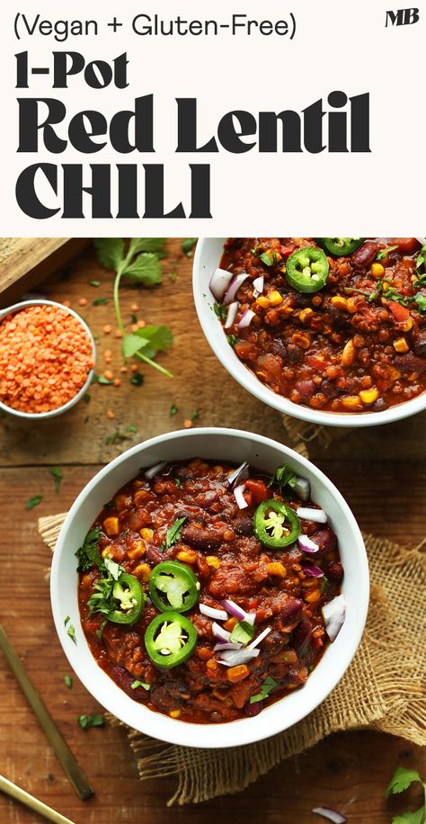 Hearty, nutritious, red lentil chili made in 1 pot with simple ingredients! A smoky, flavorful, protein- and fiber-packed plant-based meal. Easy Lentil Chili Recipe, Bean And Lentil Chili, Vegan Red Lentil Chili, Red Lentils Recipe, Red Lentil Chili, Vegan Chili Lentil, Vegan Red Lentil Dahl, Lentil Chili Recipe, Red Lentil Recipes