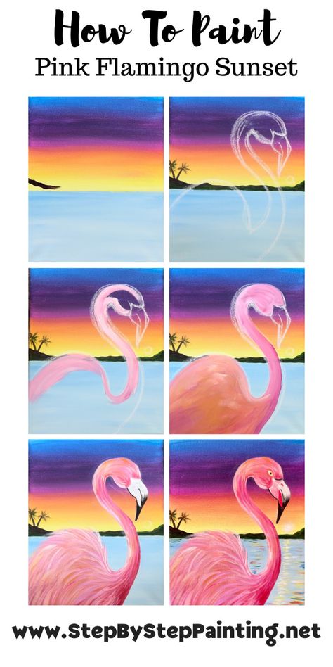 Pink Flamingo Sunset - Acrylic Painting Tutorial Painting A Flamingo, How To Paint A Flamingo Step By Step, Easy Flamingo Painting, Flamingo Painting Acrylic, Flamingo Acrylic Painting, Guided Painting, Flamingo Sunset, Flamingo Drawing, Sunset Acrylic