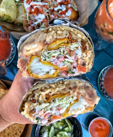 Bet you haven’t seen too many fried fish burritos! 🔥🌯 Ours comes with fried fish, rice, beans, cabbage, pico de gallo and sour cream! 🐟🦐… Fish Burritos, Fish Burrito, Fish Rice, Beer Battered Fish, Rice Beans, K Food, Beer Batter, Dessert Salads, Food Drinks Dessert