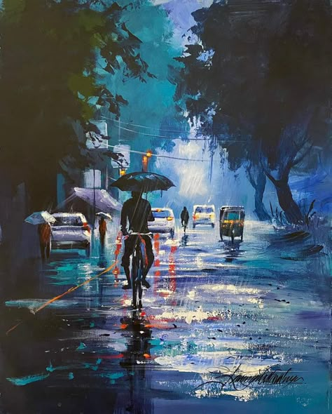 Rainy Season Drawing Scenery, Rainy Season Painting, Kolkata Sketch, Bangladesh Painting, Rainy Season Drawing, Scenes Drawing, Cityscape Paintings, Poster Color Painting, Monochrome Painting