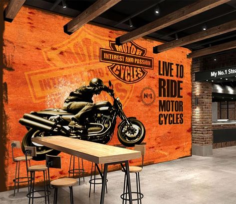 Clubhouse Ideas, Aj Wallpaper, Flat Decor, 3d Wall Murals, Door Murals, Black Motorcycle, Boutique Interior, Peel Stick Wallpaper, Paper Wallpaper