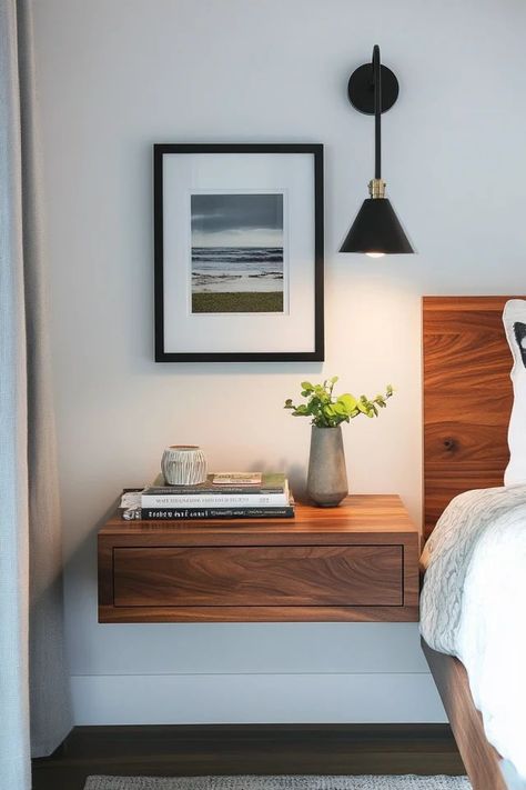 "Create a minimalist and stylish look with floating nightstands! 🛏️✨ Perfect for adding storage without sacrificing floor space. 🌟✨ #ModernBedroom #FloatingDesign #NightstandIdeas" Floating Night Stands With Drawer, Floating Nightstands Bedroom, Floating Night Stands, Nightstands Bedroom, Floating Nightstands, Adding Storage, Night Stands, Bedroom Night Stands, Night Stand