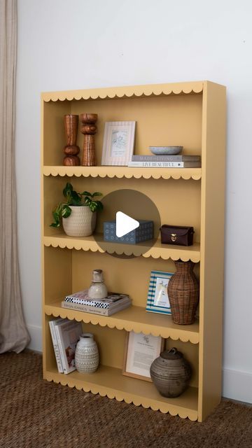 Scallop Wood Trim, Scallop Bookshelf, Scalloped Bookcase, Scalloped Bookshelf, Ada Bedroom, Amelie Room, Yellow Bookshelves, Scalloped Shelves, Sewing Office