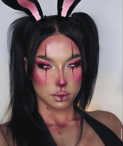 Black Bunny Makeup Halloween Look, Bunny Costume Hairstyle, Bunny Cosplay Makeup, Killer Rabbit Costume, Kawaii Bunny Makeup, Dead Bunny Makeup, Pink Bunny Makeup Halloween, Black Bunny Makeup Halloween, Black Rabbit Makeup