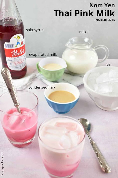 Nom Yen Thai Pink Milk Drink | Recipe Pocket Thai Pink Milk, Pink Drink Recipes, Yummy Summer Drinks, Thai Milk Tea, Milk Tea Recipes, Drink Recipes Nonalcoholic, Summertime Drinks, Refreshing Drinks Recipes, Delicious Drink Recipes