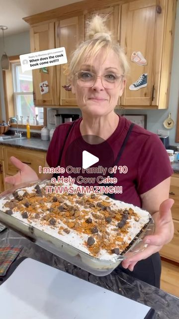 Heather Bell on Instagram: "This holy cow cake was absolutely amazing. I made two of them and they both got gobbled up.

Holy Cow Cake Recipe:

Cake Ingredients:
1 3/4 cup of flour 
3/4 cup of cocoa 
1 3/4 cup of sugar 
1 1/2 teaspoons of baking soda 
1 1/2 teaspoons of baking powder 
1 teaspoon of salt 
1 teaspoon of cinnamon 

One cup of heavy cream 
Two large eggs 
1/2 a cup oil 
2 teaspoons of vanilla 
One cup of hot coffee 

Topping Ingredients:
One can of sweetened condensed milk
8 ounces of caramel
One block of softened cream cheese
12 ounces of Cool Whip
2 cups of crushed Butterfingers
2 cups of crushed Reesie’s peanut butter cups

The directions are in the video!! 

#bakingfromscratch #bakingtime #easyrecipes #fromscratchcooking #cakeideas #bigfamilylife #familylove #momlifebelike From Scratch Chocolate Cake, Scratch Chocolate Cake, Holy Cow Cake, Just The Bells 10, Cow Cake, Cow Cakes, Recipe Cake, Dessert Lover, Holy Cow