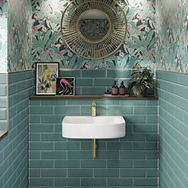 Small Wc Ideas Downstairs Loo, Bathroom Remake, Tiny Toilet, Brick Ceramic Tile, Timeless Bathroom Design, Wc Decoration, Small Downstairs Toilet, Turquoise Bathroom, Green Tile Bathroom