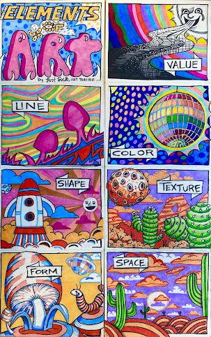 The Formal Elements Of Art, Art Elements Drawing, High School Color Theory Projects, Elements Of Art Drawing Ideas, Color Element Of Art, Space Element Of Art, Elements Of Art Drawing, Elements Of Art Projects, Elements And Principles Of Art