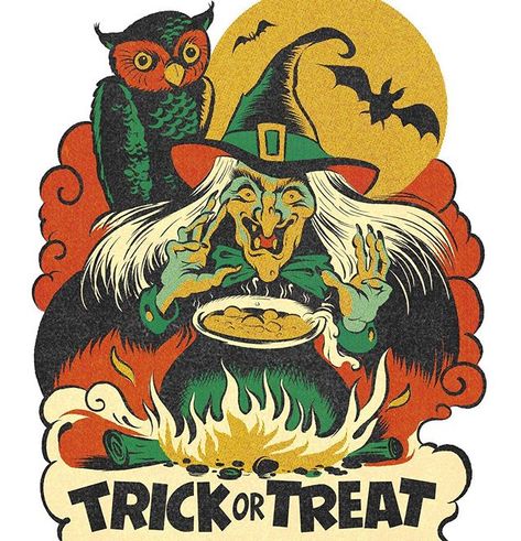 Halloween Vintage Art, Witch Illustration Vintage, Retro Halloween Cartoon, Retro Halloween Art, Vintage Halloween Illustration, Mid Century Halloween Illustrations, Retro Halloween Witch, Vintage Trick Or Treaters Art, Vintage Halloween T-shirt With Character Print