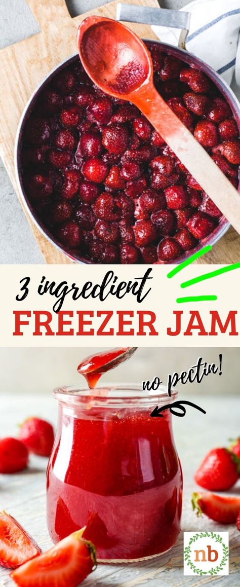 Easy Strawberry Freezer jam. No pectin and only 3 ingredients. #jam #homemade #freezer #nopectin #3ingredient #strawberry Freezer Jam Recipes Without Pectin, Easy Freezer Jam Recipes, Strawberry Freezer Jam Recipe No Pectin, Freezer Jam Strawberry No Pectin, Quick Jam Recipes, Freezer Jam Strawberry, No Pectin Strawberry Jam, Strawberry Jam Recipe No Pectin, Cherry Freezer Jam