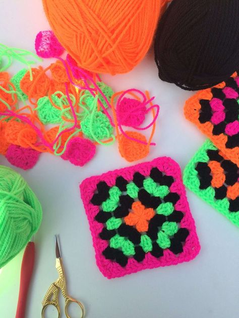 Neon Spin | The Crochet Swirl Crochet Swirl, Neon Crochet, Crochet Square Blanket, Crochet Granny Square Blanket, Crochet Winter, Granny Square Blanket, Square Blanket, Crochet Square Patterns, Baby Blanket Pattern