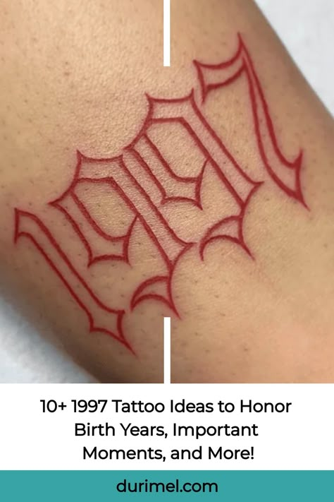 Celebrate your birth year or a special moment with these unique 1997 tattoo ideas. From minimalist designs to intricate artwork, find inspiration for your next ink. #tattooideas #1997birthyear #inkinspiration Est 1991 Tattoo Ideas, 1999 Stomach Tattoo, Tattoo Ideas Year Of Birth, Tattoo With Words For Women, Est 1981 Tattoo Ideas, 86 Tattoo Number, 1997 Tattoo Above Knee, Red Birth Year Tattoo, 2000 Birth Year Tattoo