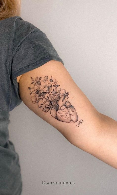 Heart And Hands Tattoo, Fineline Anatomical Heart Tattoo, Heart Blooming Flowers Tattoo, Heart Anatomical Tattoo, Heart Organ Tattoo Flowers, Heart With Plants Tattoo, Flowers In Heart Tattoo, Female Memorial Tattoos, Realistic Heart Tattoo Flowers