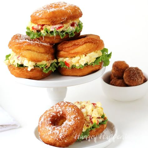 You'll never serve egg salad on white bread again, once you try this Donut BLT Egg Salad Strangewich. This unusual sandwich is even better than it looks. Donut Sandwich Ideas, Doughnut Sandwich, Donut Sandwich, Biscuit Donuts, Bread To Make, Anime Foods, Brunch Items, Doughnut Shop, Blt Sandwich