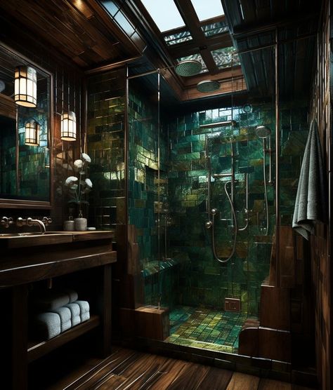 Dark Green Bathrooms, Bathroom Counter Organization, Counter Organization, Dark Home Decor, Dark Home, Bathroom Counter, Fantasy House, Bathroom Inspiration Decor, Art Bathroom