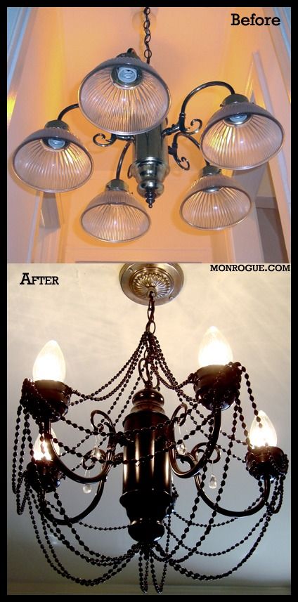 Flip the chandelier over, add some embellishments, and voila, a new take on it!  I hate the beads and color, but the idea here is something I can take and run with.... Brass Chandelier Makeover, Chandeliers Diy, Camo Room, Goth Mansion, Door Lighting, Chandelier Makeover, Diy Luminaire, Chandelier Ideas, Stylish Chandelier